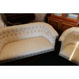 Late Victorian buttonback settee and matching tub armchair (2)