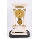 Late 19th century French alabaster portico clock, with unnamed gilt Roman dial, striking on a bell,
