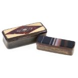 19th century horn snuff box inlaid with tortoishell and ivory and another with Scottish agate (2)