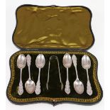 Set of six Victorian silver teaspoons and tongs in fitted case. London 1897.