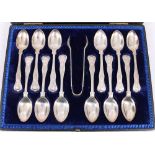 Walker & Hall set of twelve silver teaspoons and tongs,