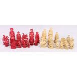 Chinese stained ivory chess set, missing 1 red and 3 white pieces, numerous damages and losses.