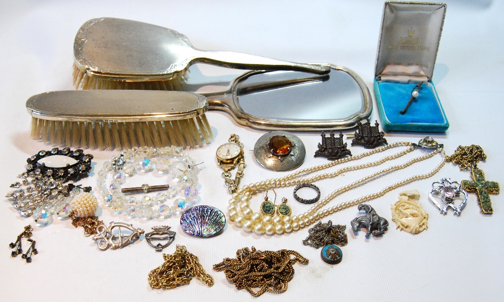 Lady's rolled gold watch, three silver toilet items and sundry silver and other jewellery.