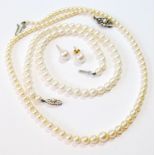 Two single row cultured pearl necklets and a pair of similar ear studs.