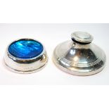 Silver circular capstan inkwell, 1919, and a mounted blue glass circular small bowl, 1927,