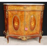 20th century serpentine brass marquetry cabinet with marble top on cabriole legs,