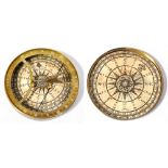 Circular brass-cased pocket sundial with paper card, 10cm diameter.