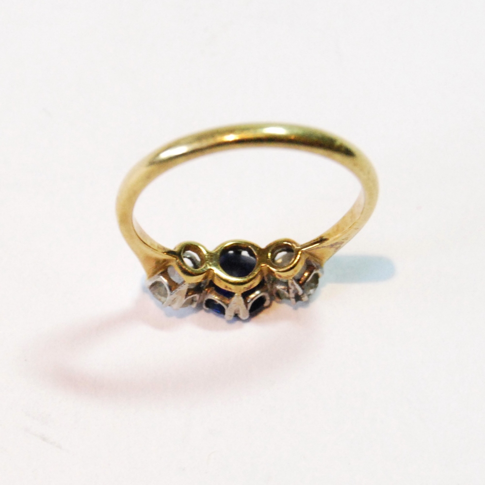 Diamond and sapphire three-stone ring, the old-cut brilliants approximately .3ct, 'Plat.18ct'. - Image 3 of 3