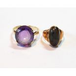 Amethyst ring and another with moss agate in 9ct gold.