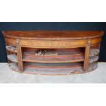 Victorian rosewood and walnut demi-lune open bookcase with anthemion inlaid,