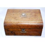 Victorian walnut work box with fitted interior and assorted items to include two stanhopes (missing