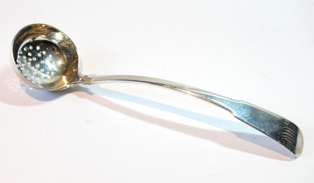 Dumfries silver fiddle pattern ladle with pierced circular bowl, initialled, by David Gray, c. 1830.