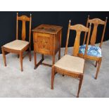 Victorian Art Nouveau oak pot cupboard, 77cm high, and three matching bedroom chairs, 97cm high.