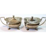 Pair of silver mustard pots of Regency style, rectangular upon scalloped feet, Nathan & Hayes,