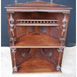 Victorian carved mahogany corner two-tier wall bracket, 72cm high and 54cm wide.