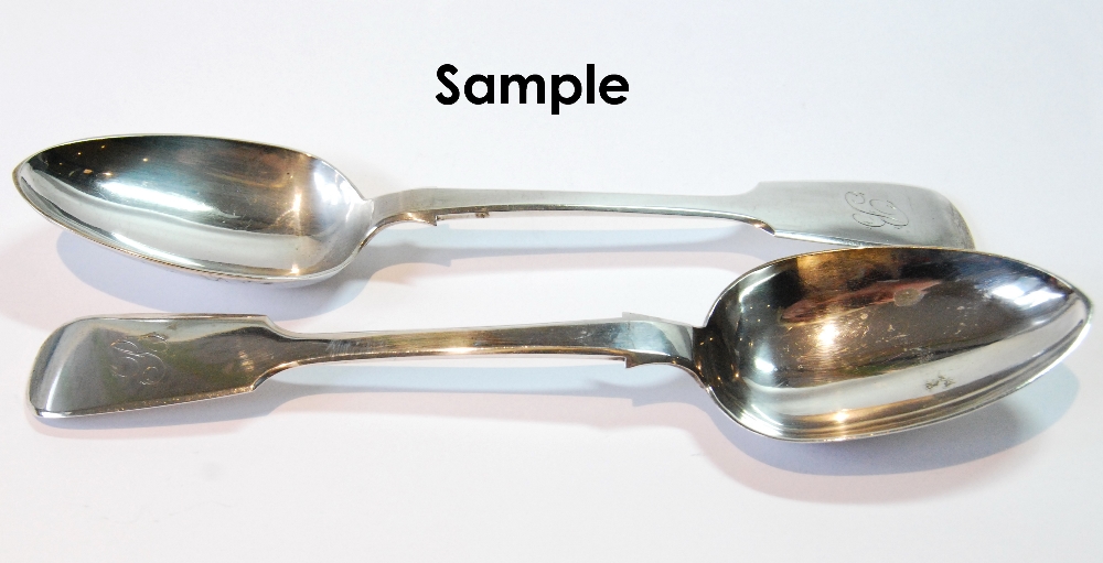 Set of six silver fiddle pattern serving spoons, little used, by W.R. Sobey, Exeter 1848, 13oz.