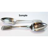 Set of six silver fiddle pattern serving spoons, little used, by W.R. Sobey, Exeter 1848, 13oz.