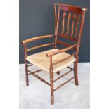 Victorian Arts & Crafts beech Sussex chair with scrolling top rail above pierced serpentine splats