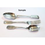 Seven silver fiddle pattern dessert spoons, six forks and six teaspoons, 19th century, 21oz.
