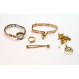 9ct gold bracelet, two pendants, a lady's watch, a safety pin and a ring, '750'.