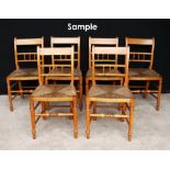 Victorian set of eight fruitwood dining chairs with spindle mid rails, rush seats and turned legs.