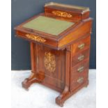 Late Victorian marquetry rosewood davenport with brass galleried top, 88cm high and 53cm wide.