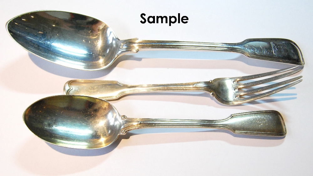 Set of four Victorian silver fiddle and thread pattern tablespoons, London 1874, with crest,
