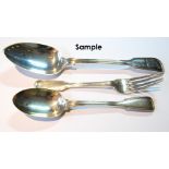Set of four Victorian silver fiddle and thread pattern tablespoons, London 1874, with crest,