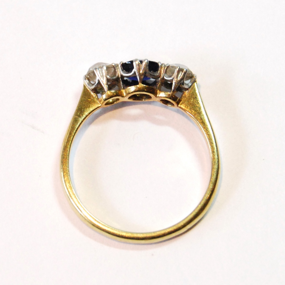 Diamond and sapphire three-stone ring, the old-cut brilliants approximately .3ct, 'Plat.18ct'. - Image 2 of 3