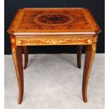 Modern Sorrento marquetry walnut games table on slender cabriole legs, 75cm high and 80cm wide.