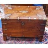 19th century brass-bound teak campaign style chest, possibly Indian, with brass carrying handles,