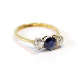 Diamond and sapphire three-stone ring, the old-cut brilliants approximately .3ct, 'Plat.18ct'.