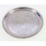 Circular silver waiter, with gadrooned border and engraved inscription, Sheffield 1896, 241g, 19.