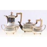 Silver three piece teaset, of oblong form, with gadrooned borders, Chester 1932, 102g gross,