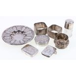 Silver vesta, three napkin rings, circular pin dish and two boxes,