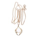 9ct yellow gold openwork pendant set with central white cabochon opal on 9ct gold chain, 4.5g.