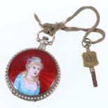 Enamelled silver cased fob watch depicting a female with coral necklace.