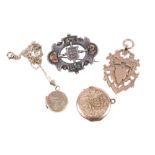 9ct gold shield fob, 5g, 9ct gold pendant locket, 2.4g on chain, etc.