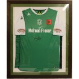 Hibernian FC HIBS football jersey, signed by Chris Hogg, with Remembrance Day Poppy badge, framed.