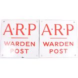 Two ARP warden post enamelled metal signs, 23cm x 23cm.