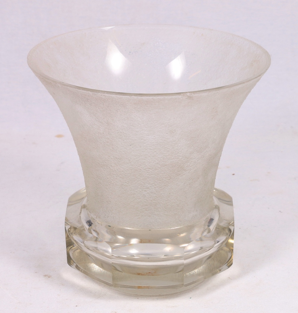 Lalique glass vase, the textured bowl of flared form on an octagonal foot,