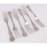 Set of six Edwardian silver Kings pattern dessert forks, Sheffield 1902, 388g gross.