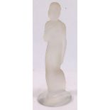 French Art Deco frosted glass figure of a standing woman, on a clear glass oval base, unsigned,