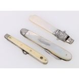 Victorian mother of pearl and silver fruit knife, Sheffield 1898, a silver whistle teether,