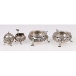 Pair of Victorian Robert Hennell silver bun salts, London 1869, 141g, and an Indian pepper and salt.