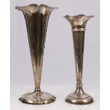 Edwardian silver frilled vase of tapered form, Birmingham 1905, 25cm and a smaller vase,