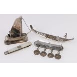 Dutch silver model of a boat, hallmarked 55g, an Iranian 800 silver gondola, 41g,