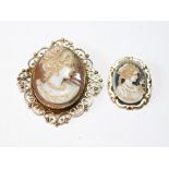 Cameo brooch in 9ct gold openwork frame and another, '9k'.