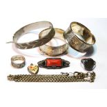 Pair of engraved silver napkin rings, Chester 1920, and various items.