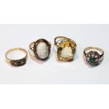 15ct gold ring with pearls and emeralds, 1900, a cameo ring, a citrine ring and a gem cluster ring,